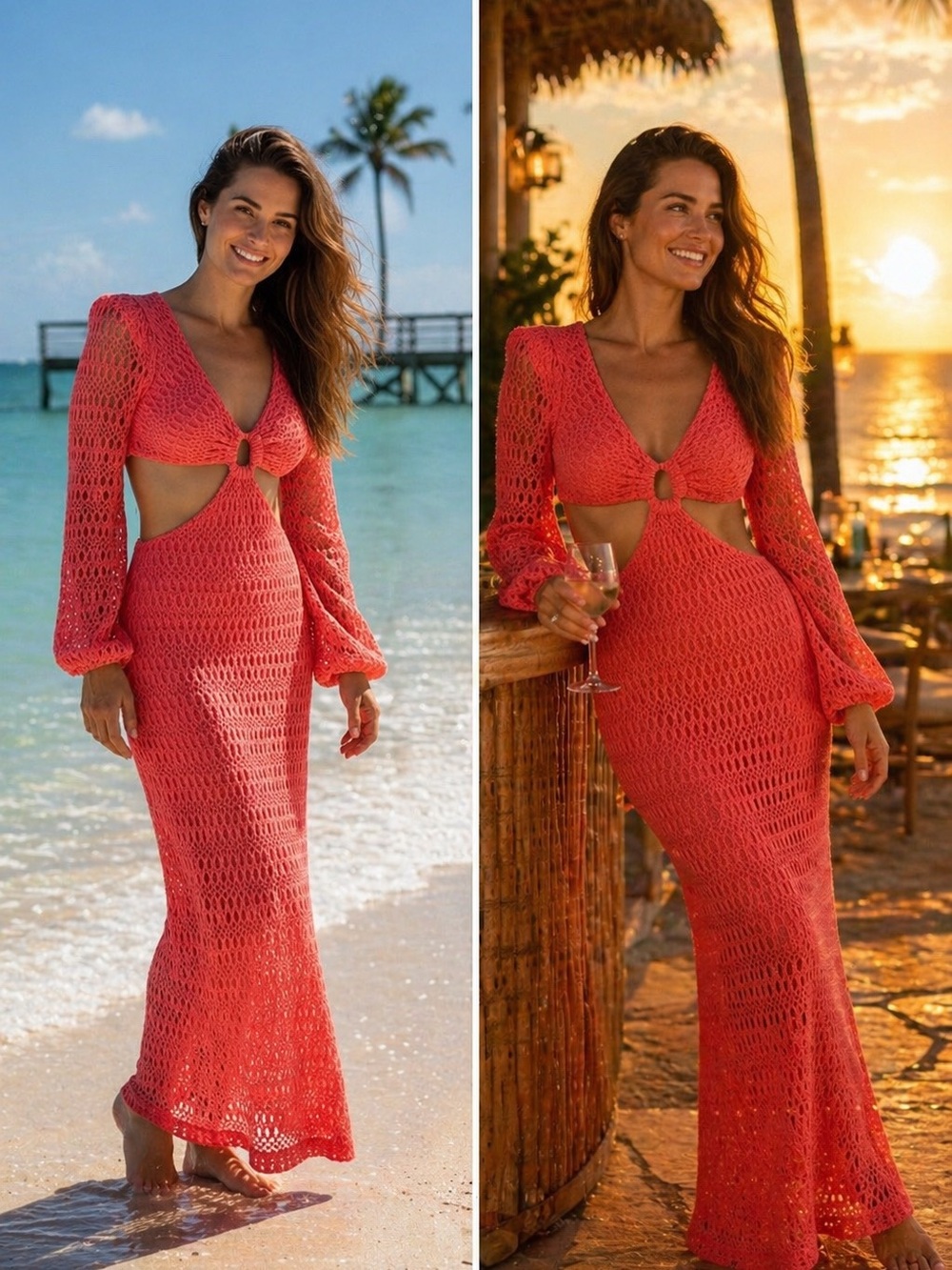 PatBO Resort Crochet Cutout Maxi Dress Coral Size 6 - Picture 2 of 11